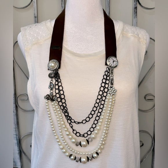 Plunder Jewelry - Unique Plunder Necklace Leather w/ multiple strands chains-faux pearls & clock